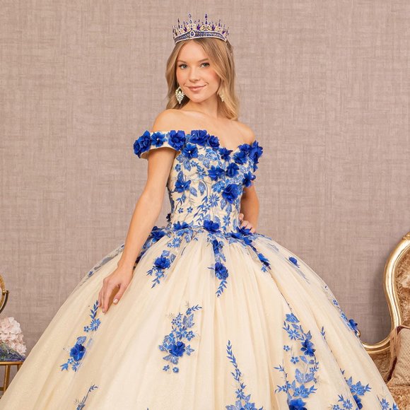 NEW FLOOR LENGTH BALL GOWN WITH FLORAL 3D APPLIQUE GLITTER & LACE UP BACK GL3105 - Picture 1 of 10